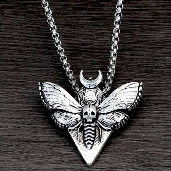 HALLOWEEN SALE Silver Vintage Death Moth Lunar Moon Pendant Necklace - Picture 2 of 4